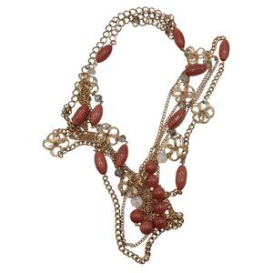 Gold-Tone Multi-Strand Necklace With Coral & Clear Colored Beads